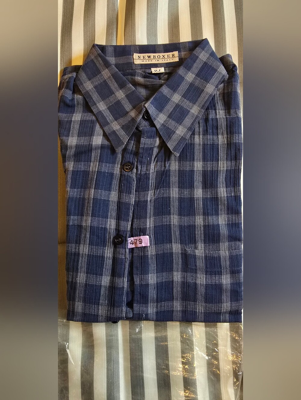 Vintage Italian Made Seersucker Plaid Dress Shirt in Blue
